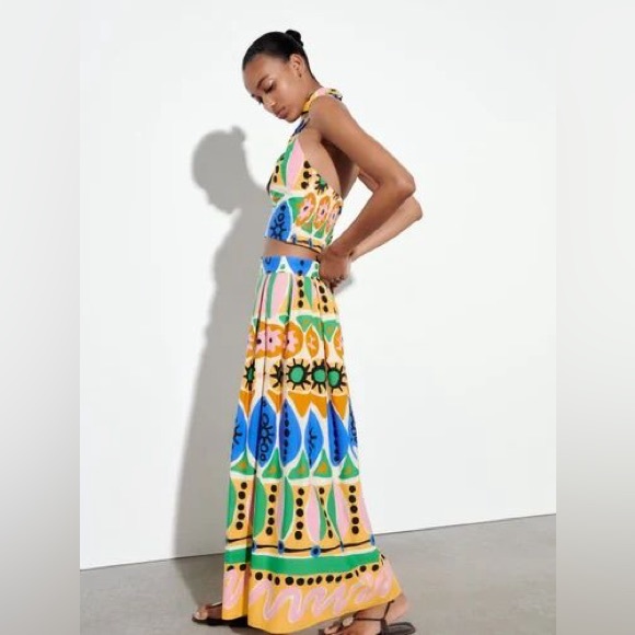 ZARA NWT Women's Printed Blue Yellow Summer Ruched Halter  Crop Top Size Small - Picture 4 of 8